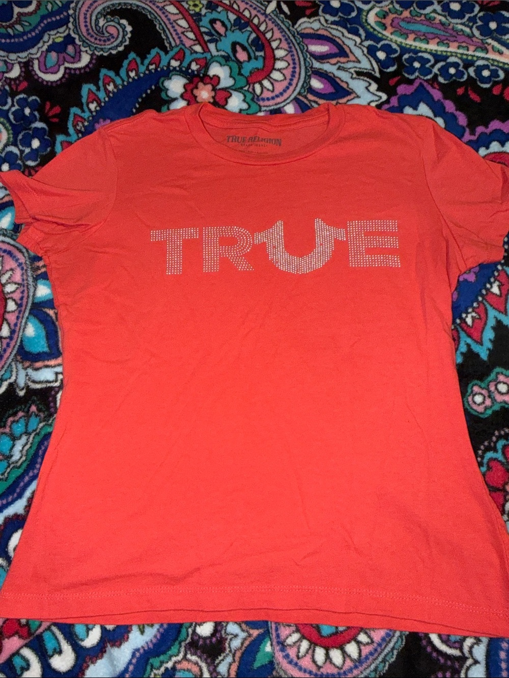 True Religion Coral Rhinestone 'TRUE' Logo Tee